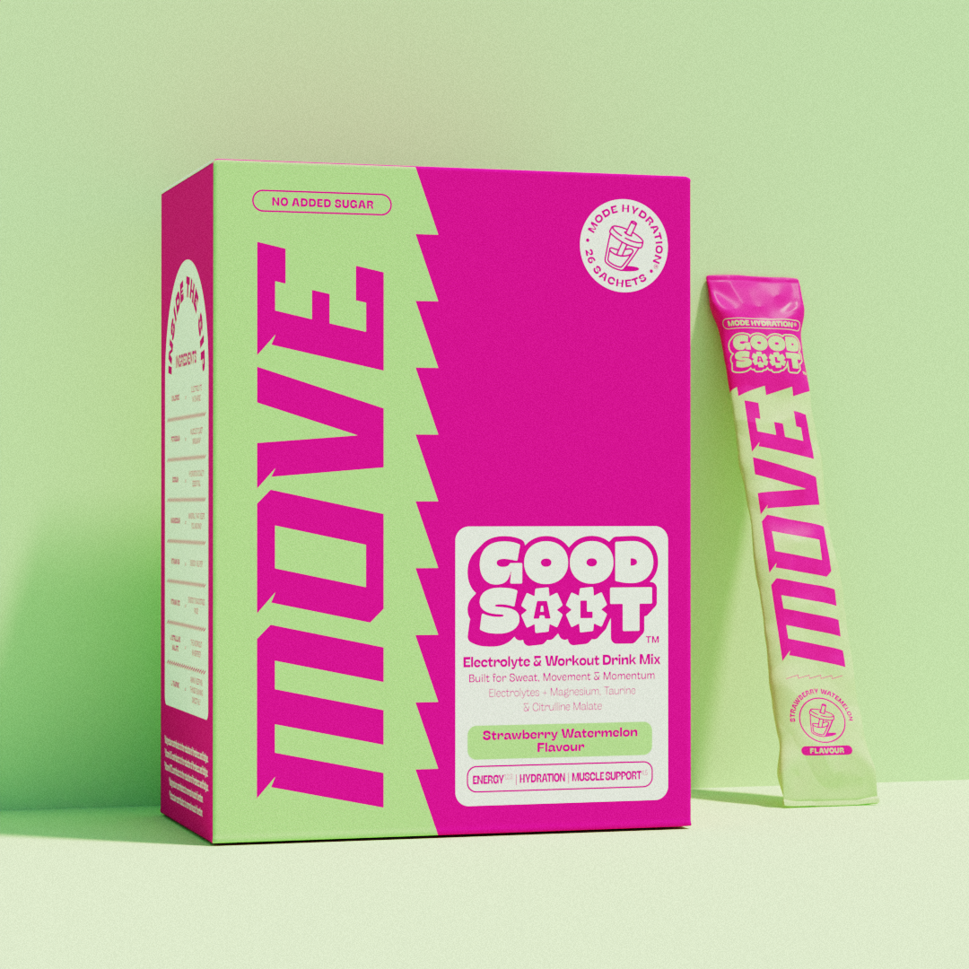 Good Salt Move electrolyte and workout drink mix packaging on a green background