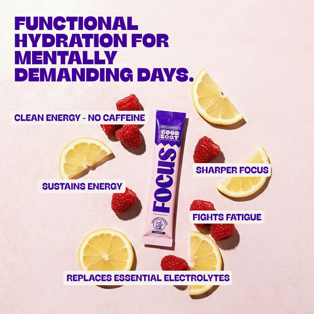 Product packaging with lemon slices and raspberries on a light pink background, featuring text about functional hydration.