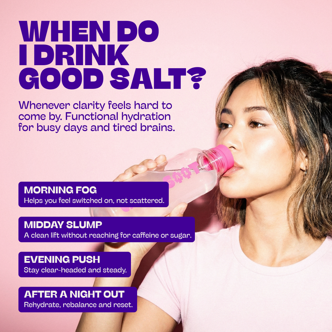 Woman drinking from a pink bottle with text about 'Good Salt' product on a pink background