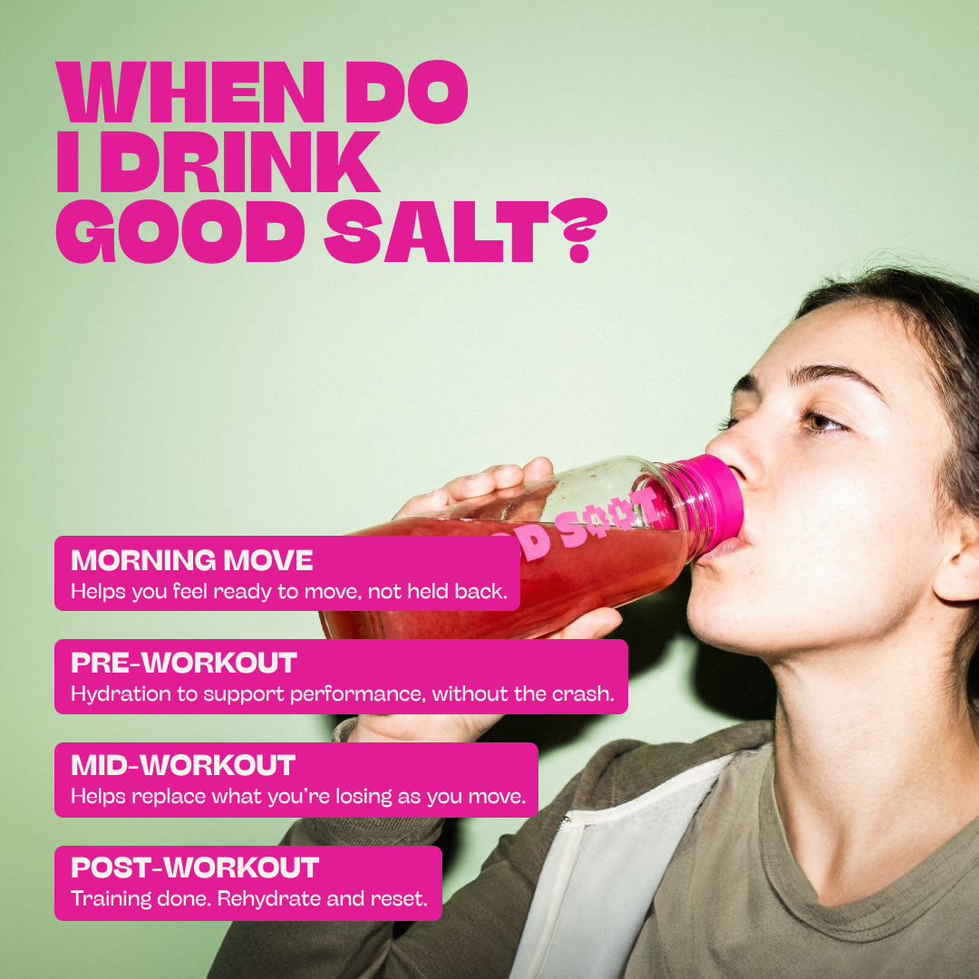 Person drinking from a bottle labeled 'Good Salt' with text about salt consumption timing.