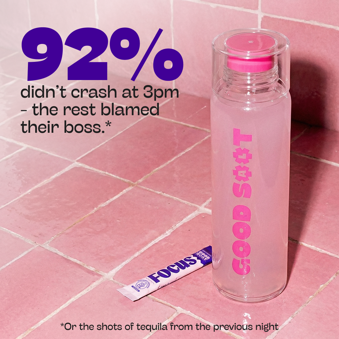 Pink water bottle with 'GOOD SALT' 